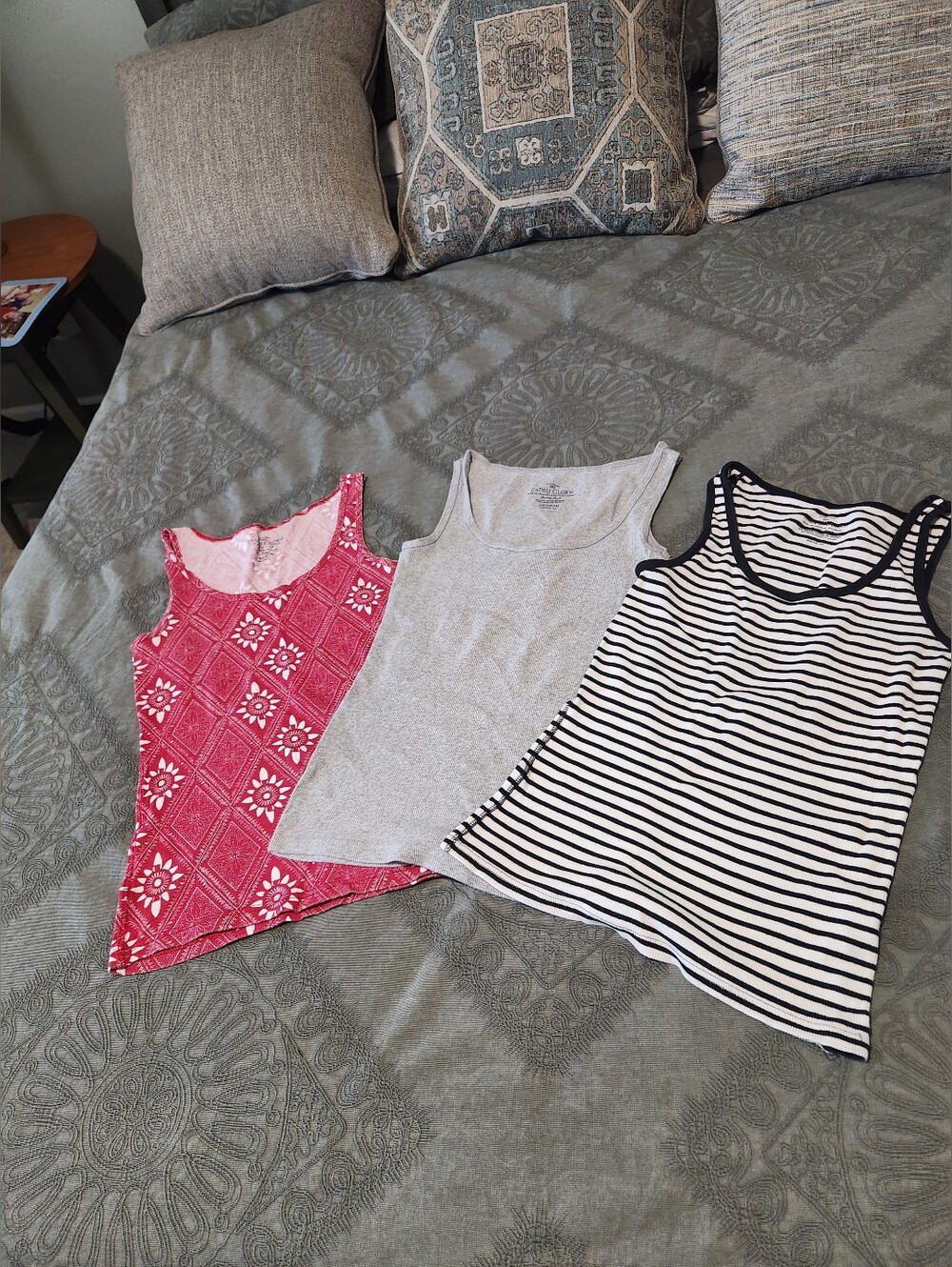 3 Large Faded Glory Tank Tops, Gray, Red & Black/white Striped